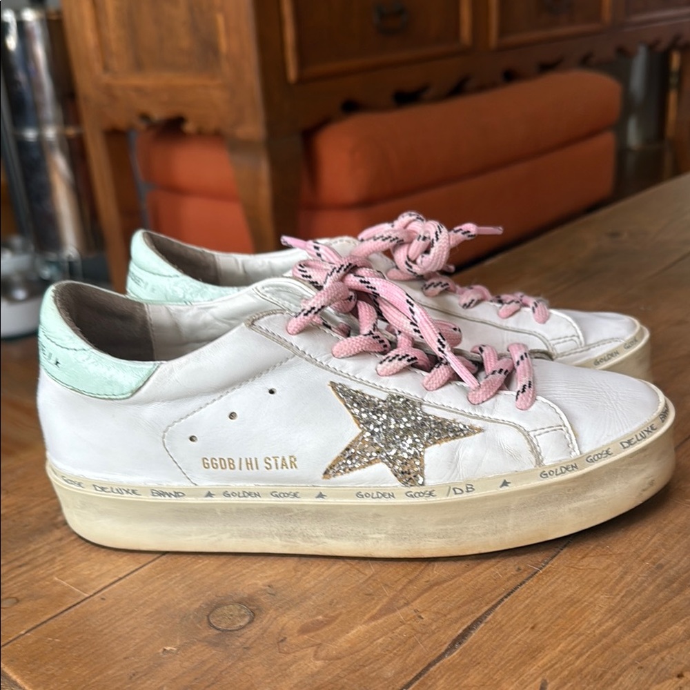 Golden Goose White Sneakers with Pink Laces and Silver Star